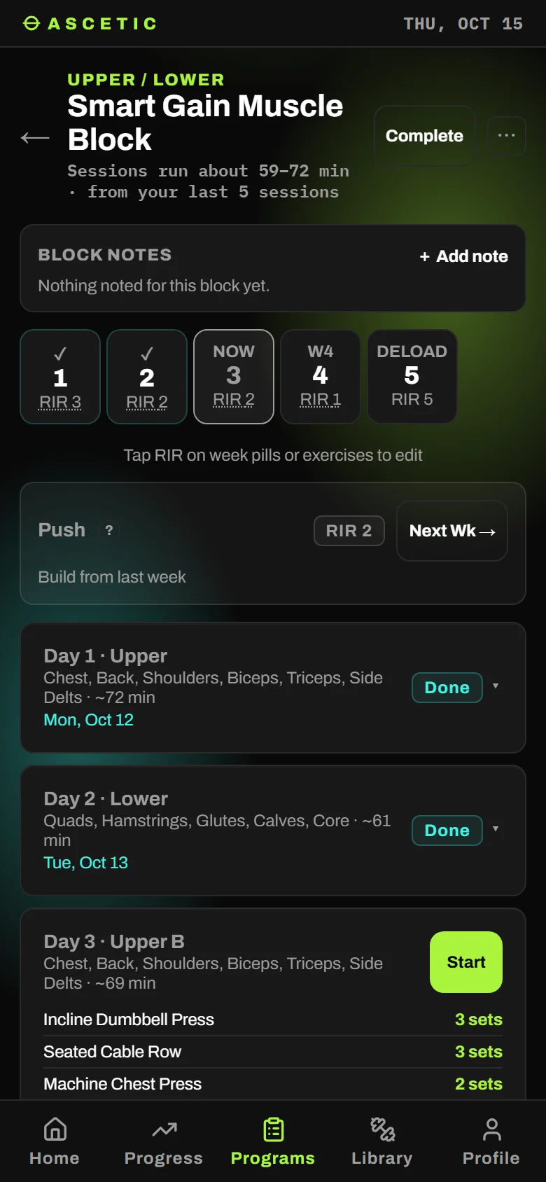 A training block in ASCETIC: week 3 of 5, the effort for each week, and each day's lifts and sets.