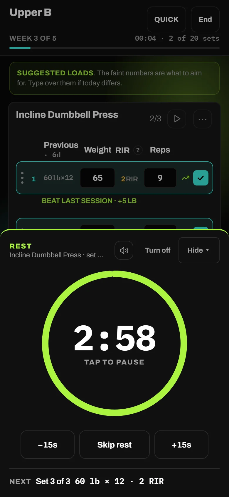 A workout in ASCETIC: a set logged at 65 lb for 9 reps, beating last session, with the rest timer running.